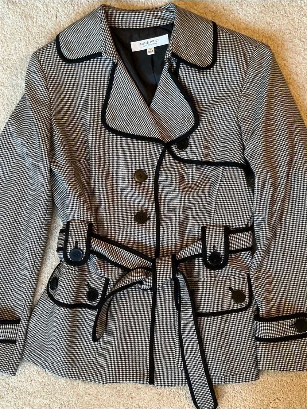 Nine West Black and White Houndstooth Belted Blazer
